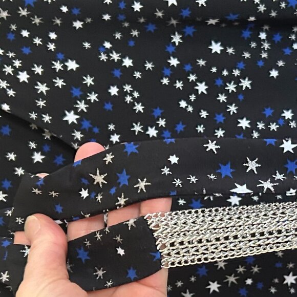 Michael Kors, black dress w blue/silver Star Foil pattern Chain Fringe tie, XS - Picture 6 of 9